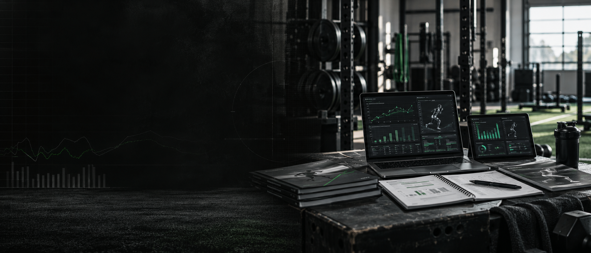 Weight room with performance analytics dashboards on a laptop and tablet beside training program materials