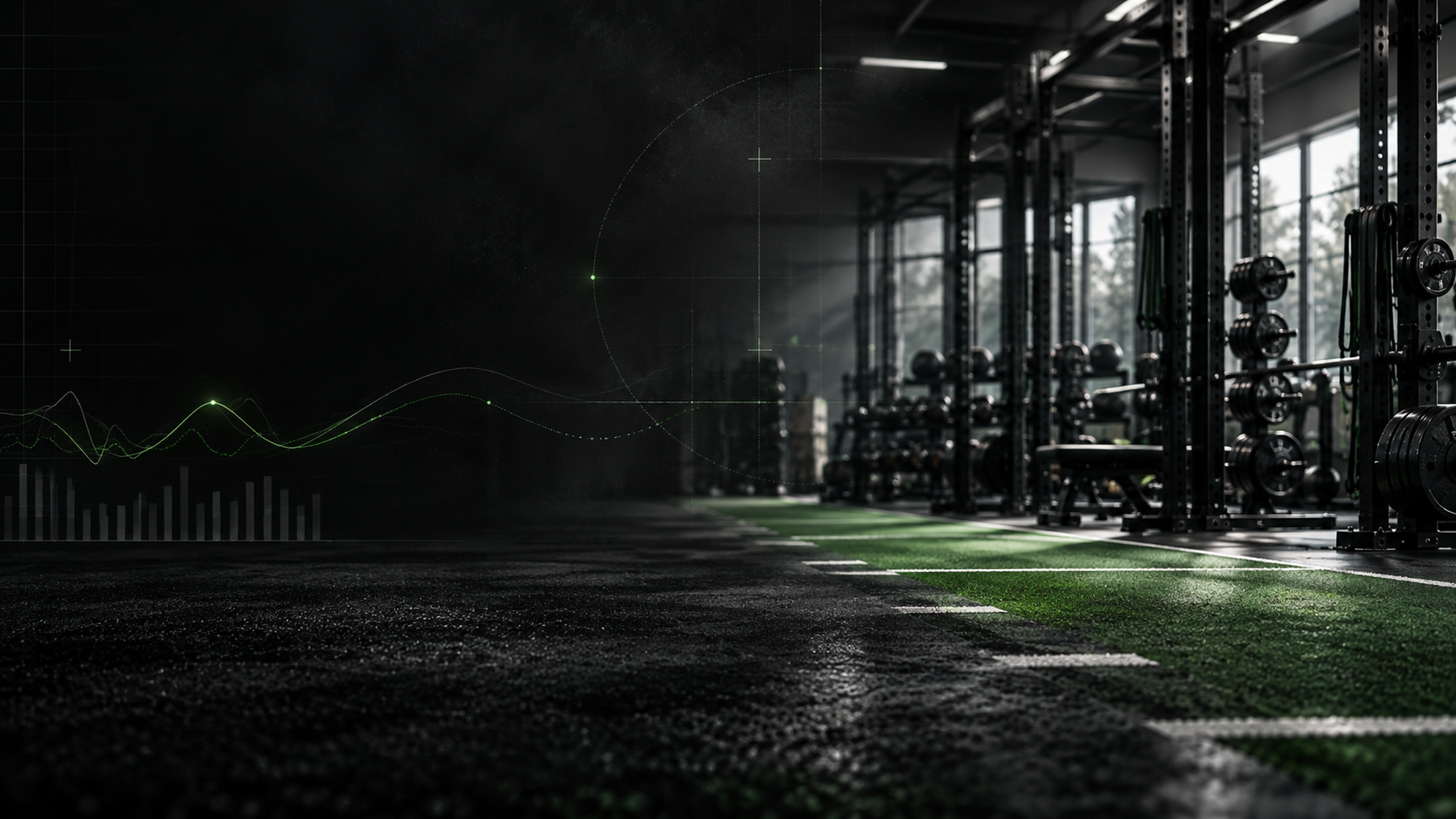Dark performance weight room with turf lanes and subtle green analytics overlays